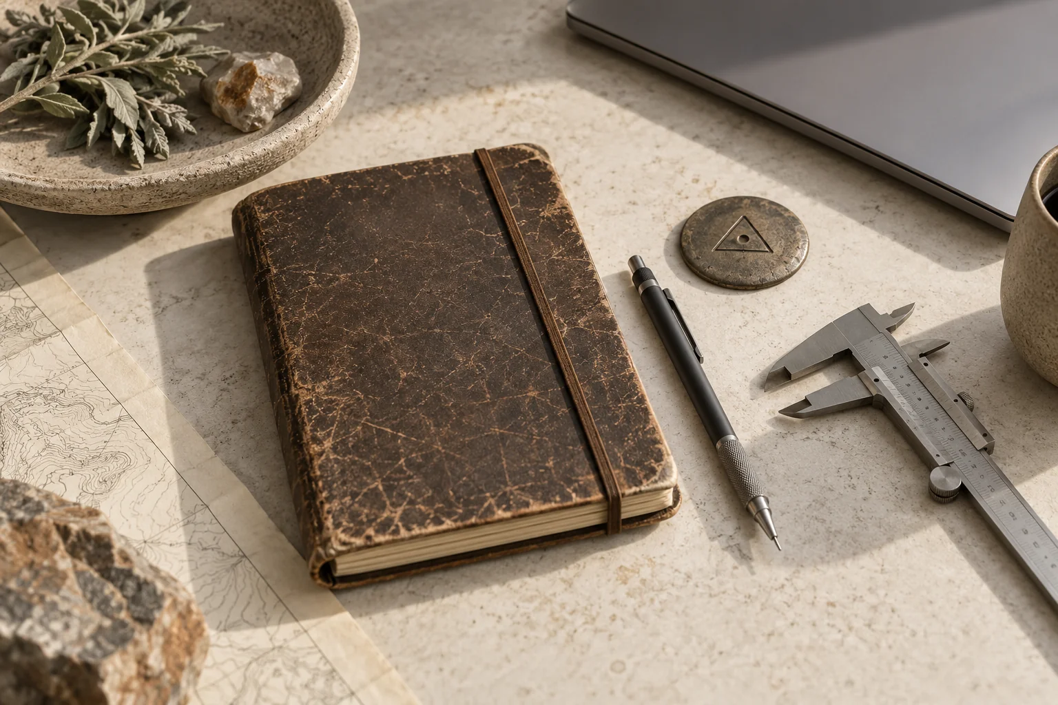 Field notebook, measuring tools, and laptop arranged on a work surface.