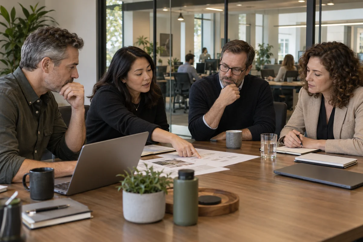 Department leaders discussing a process in an established business office.