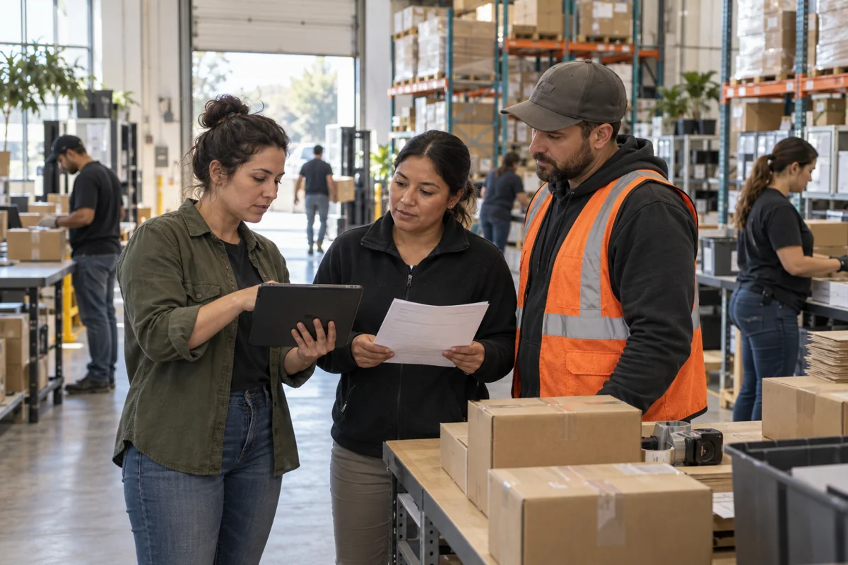 Operations colleagues coordinating an order handoff on a distribution floor.
