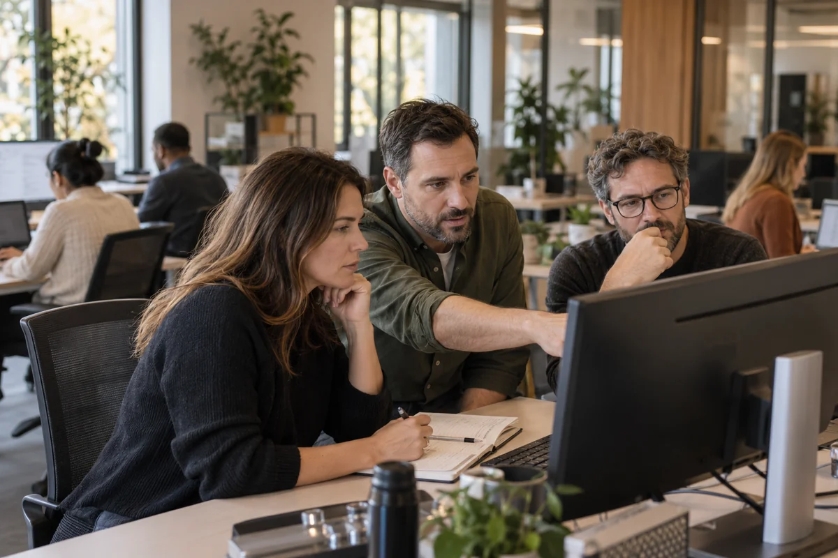 Colleagues working through an automation issue together at an office workstation.