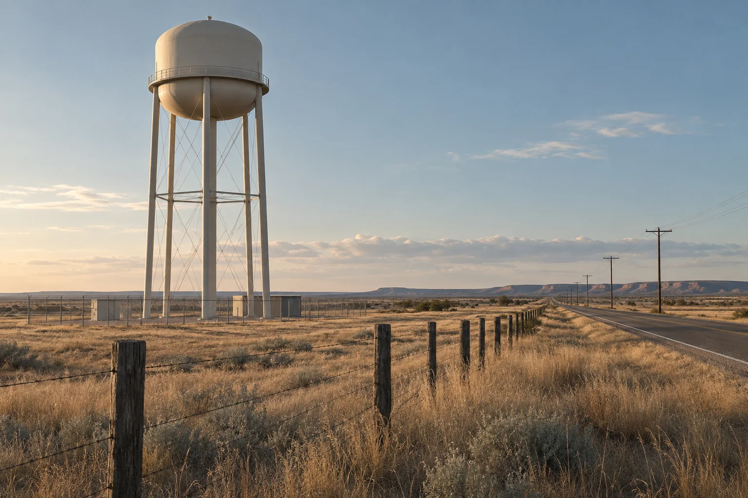 Water tower, fence line, and open road crossing a quiet western landscape.